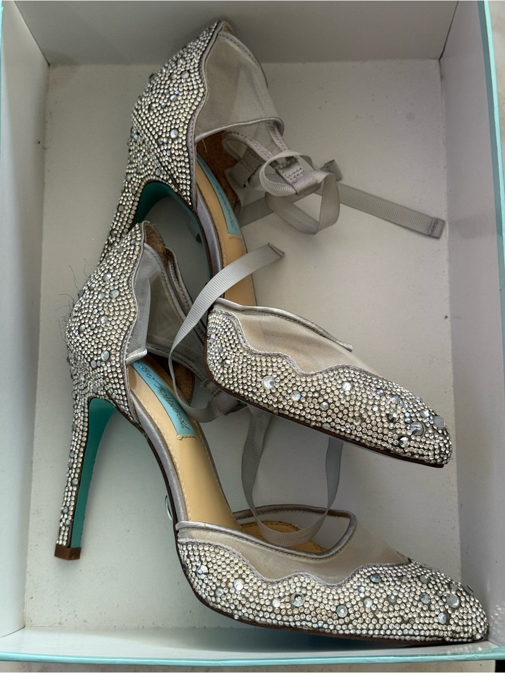 Betsey Johnson Ivory Crystal Embellished Satin Heels with Teal Sole
